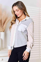 Trendsi women's curved hem casual blouse in gray and white with stylish pocket detail