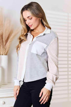 Trendsi women's curved hem casual blouse in gray and white with stylish pocket detail