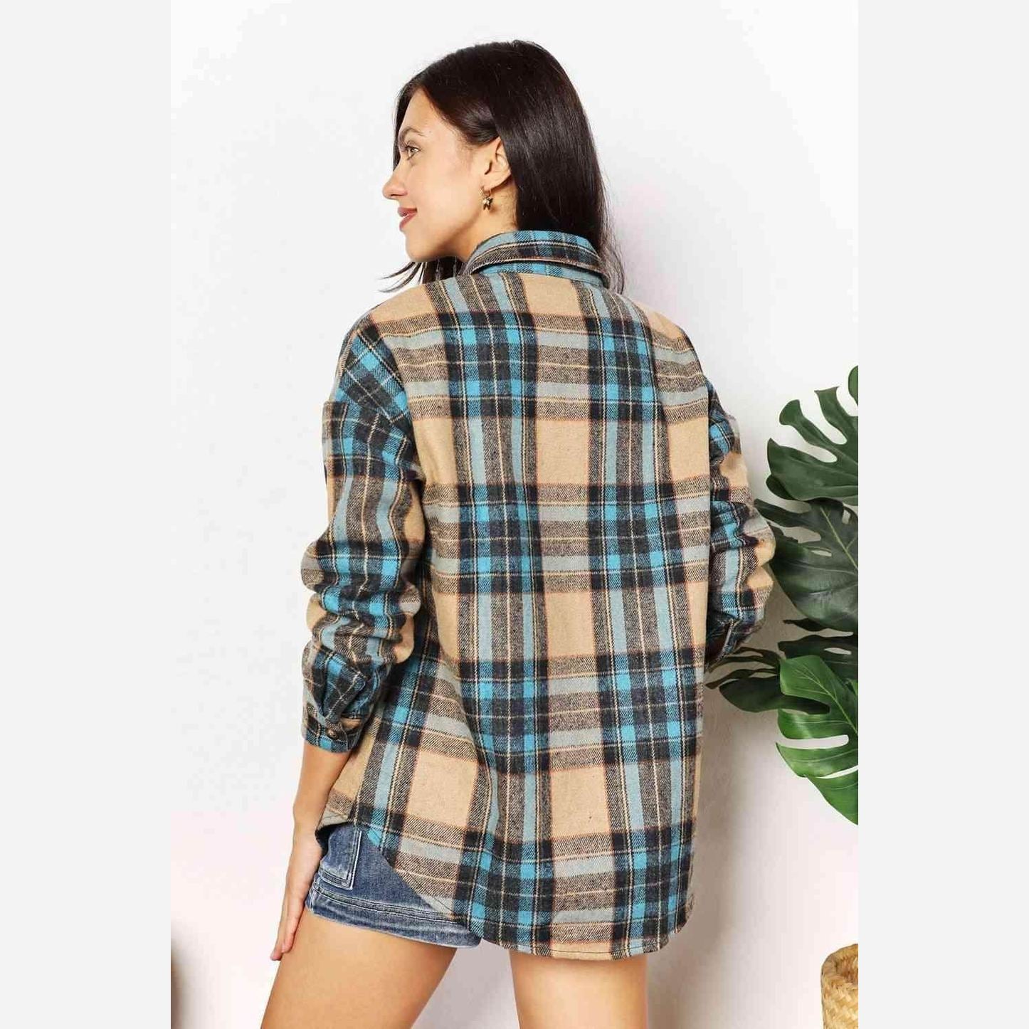 Women's Curved Hem Plaid Shacket from Trendsi with a stylish back design