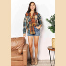 Trendsi Women's Curved Hem Plaid Shacket in autumn colors paired with denim shorts for a casual look