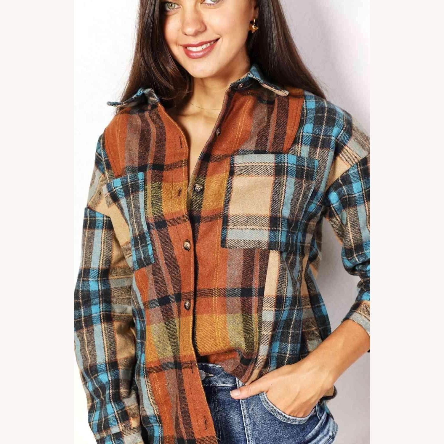 Trendsi women's curved hem plaid shacket featuring a blend of blue, brown, and orange colors