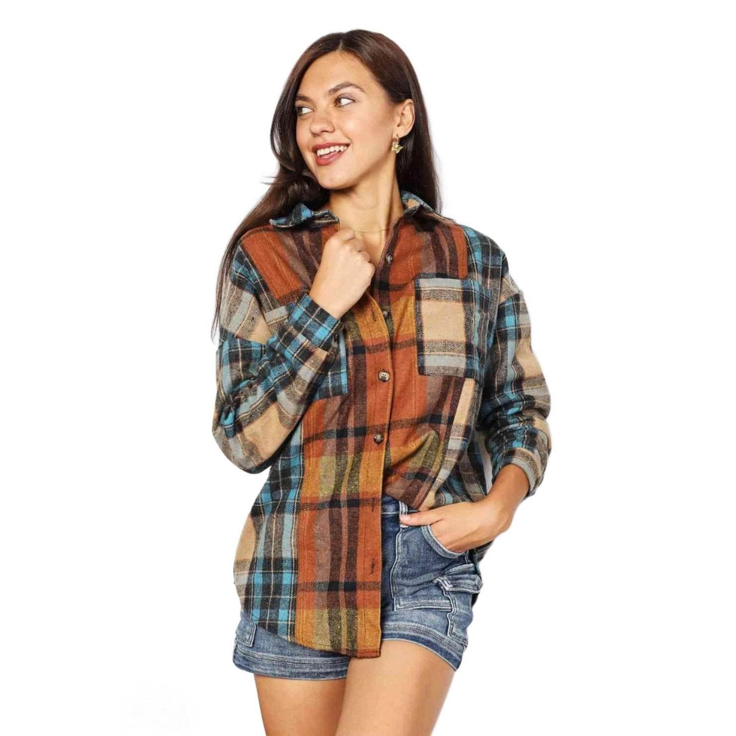Trendsi women's curved hem plaid shacket in warm colors with button-down style and long sleeves