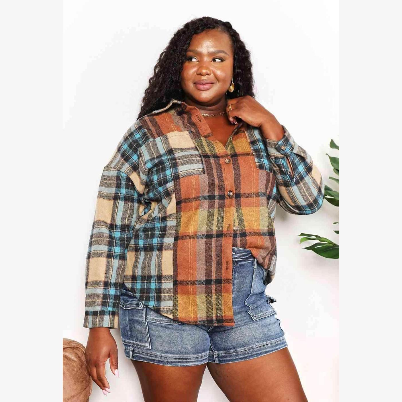 Trendsi women's curved hem plaid shacket in multicolored tones with button details for a stylish look