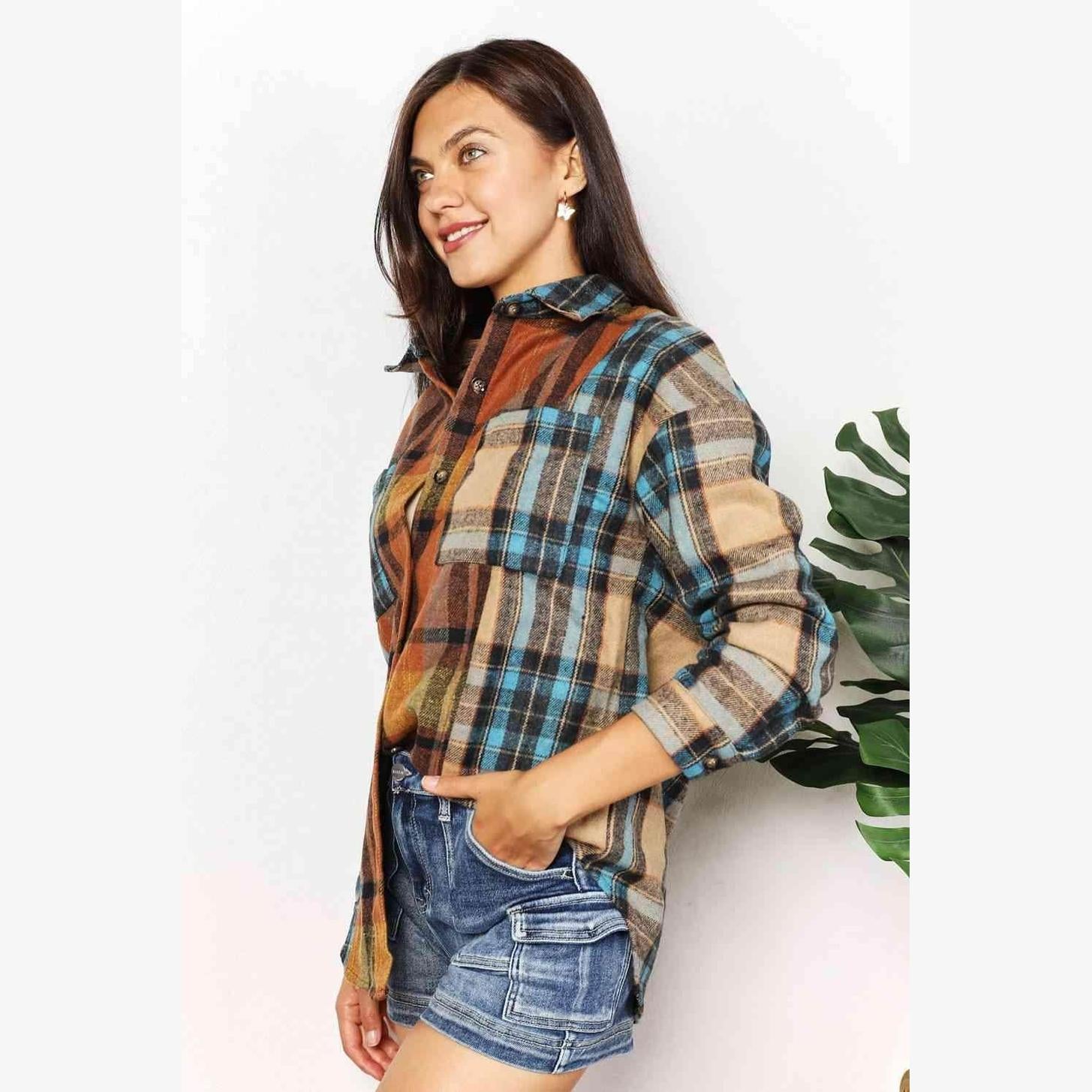 Trendsi Women's Curved Hem Plaid Shacket in Brown and Blue Tones for Casual Wear