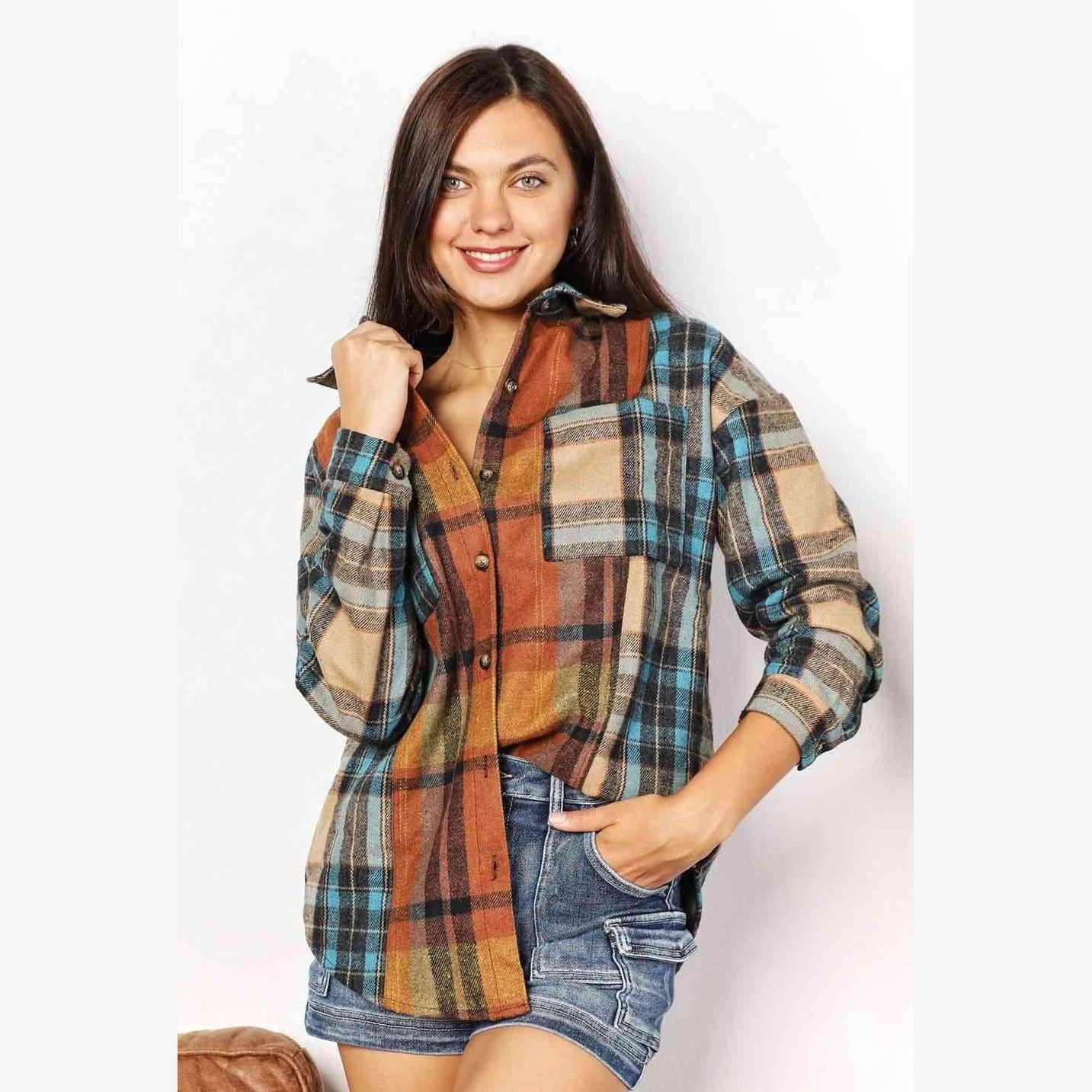 Trendsi women's curved hem plaid shacket in multi-color plaid design with button-up front