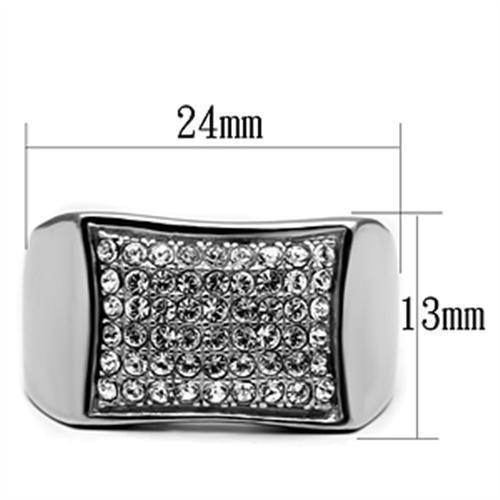 Curved rectangle crystal ring with a sparkling finish, measuring 24mm by 13mm, perfect for men's jewelry.