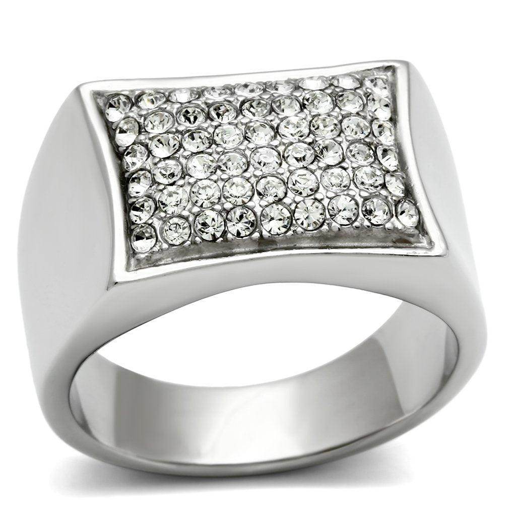 Men's curved rectangle crystal ring with a sleek silver finish, featuring sparkling crystals in a chic design