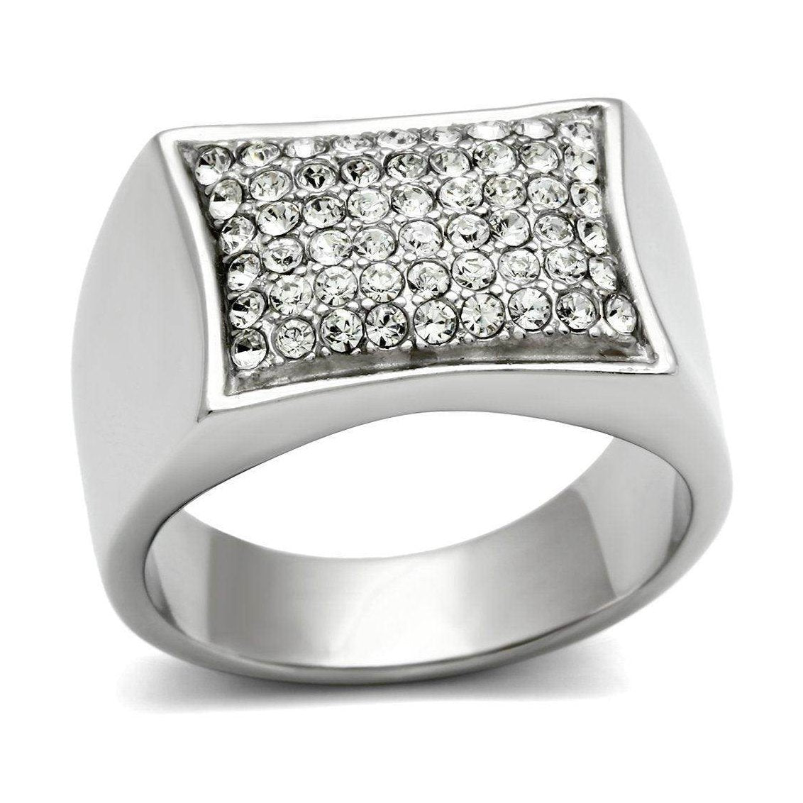 Men's curved rectangle crystal ring with a sleek silver finish, featuring sparkling crystals in a chic design