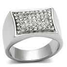 Men's curved rectangle crystal ring with a sleek silver finish, featuring sparkling crystals in a chic design