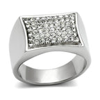 Men's curved rectangle crystal ring with a sleek silver finish, featuring sparkling crystals in a chic design