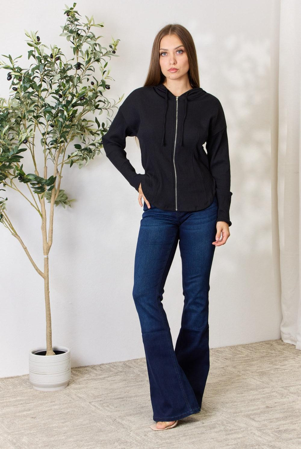 Women's Coats & Jackets Culture Code Full Size Ribbed Zip Up Drawstring Hooded Jacket