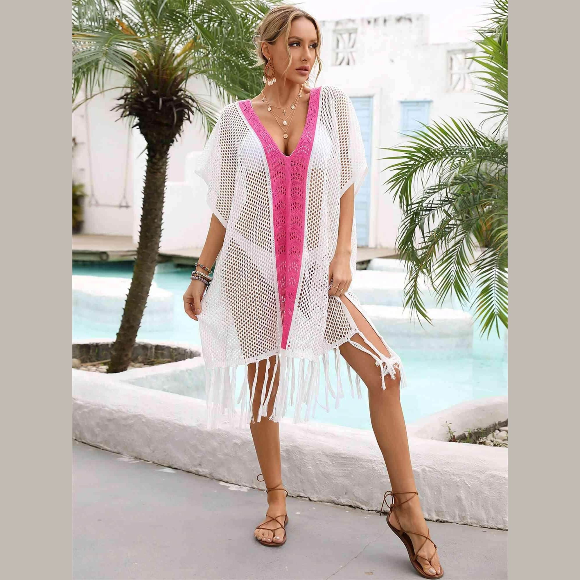 Contrast Fringe Trim Openwork Cover-Up Dress - VacationGrabs