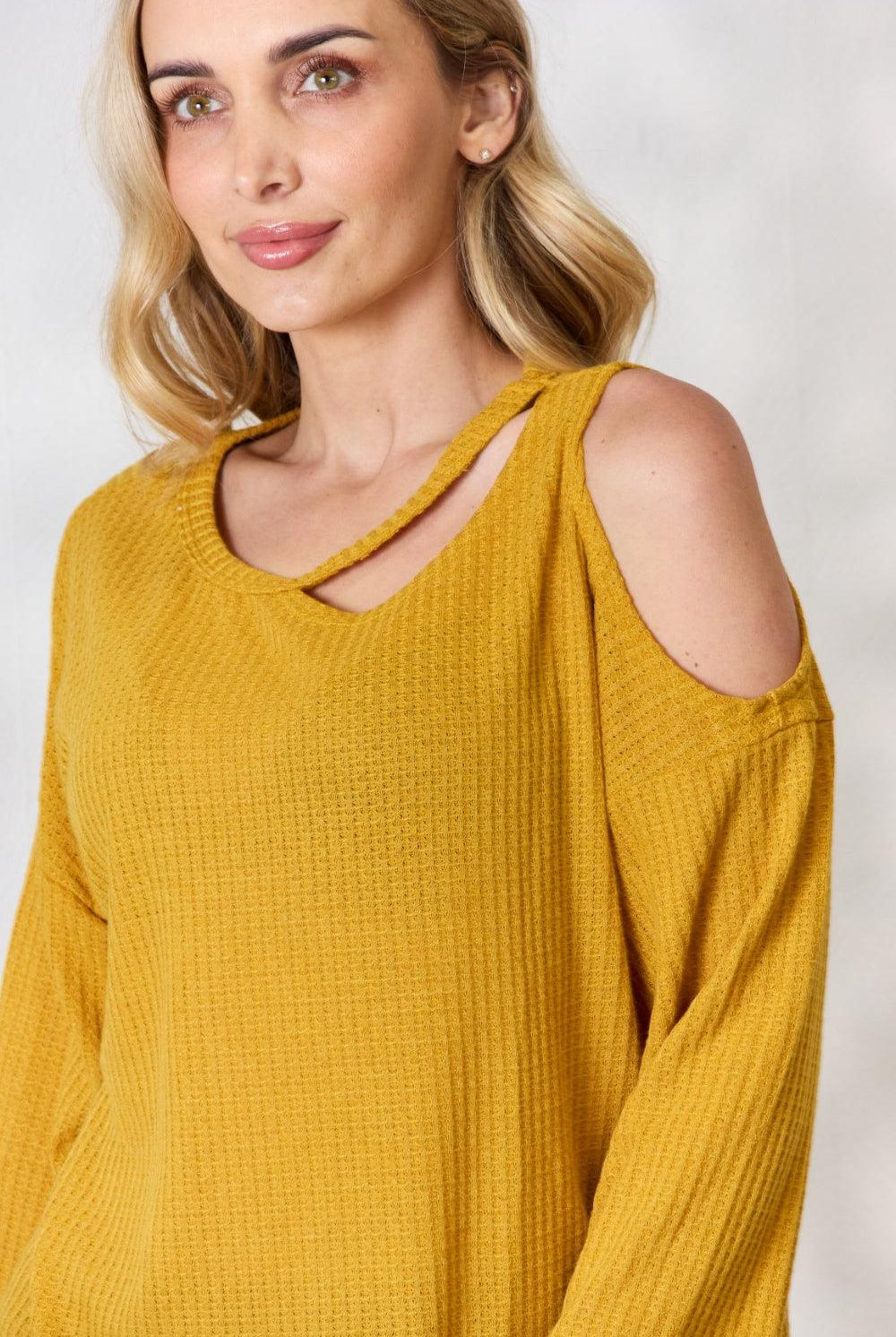 Women's Shirts BiBi Cutout Long Sleeve Waffle Knit Top