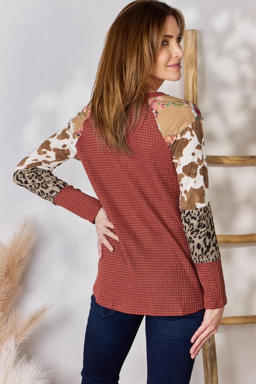 Women's Shirts Hailey & Co Full Size Leopard Waffle-Knit Blouse