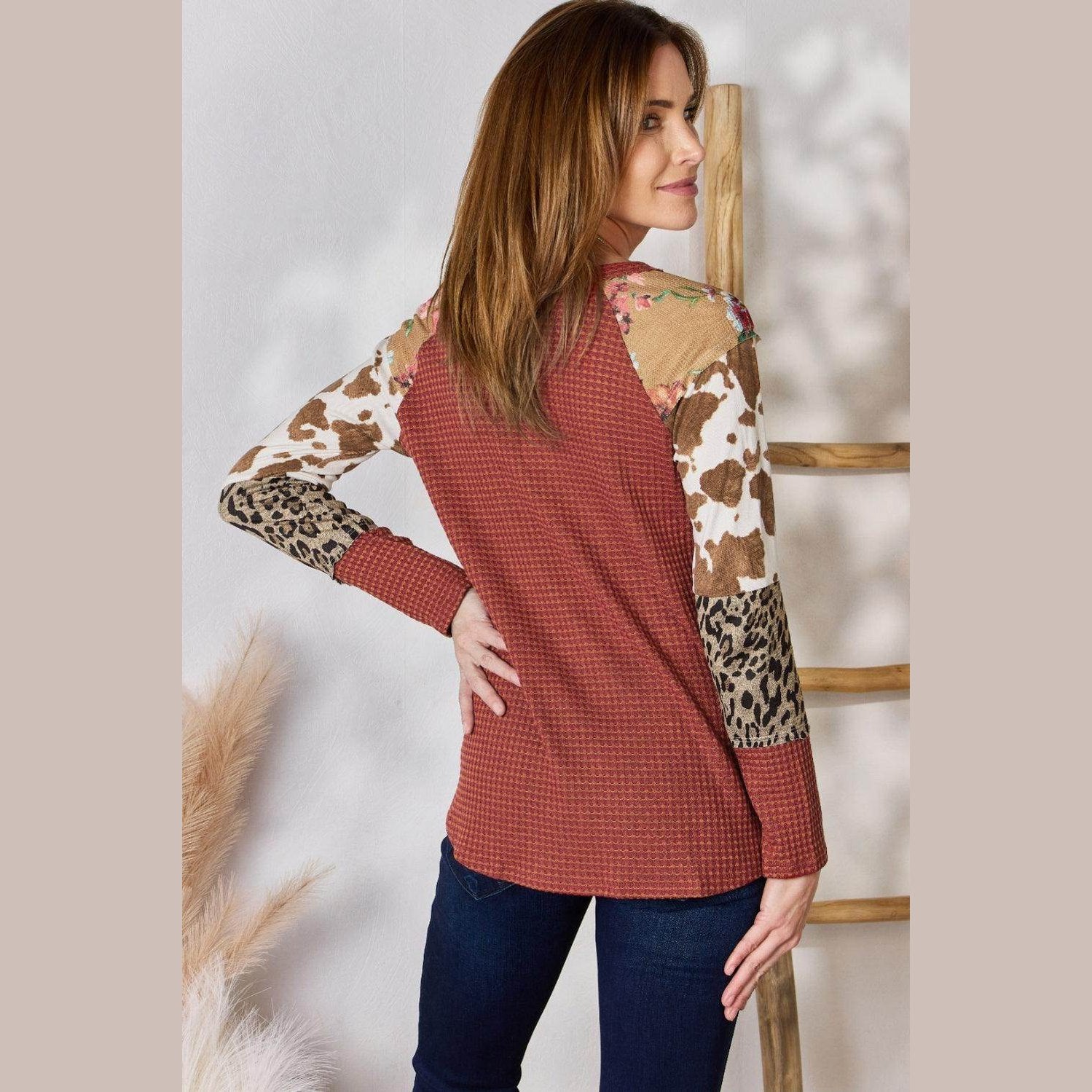 Hailey & Co Full Size Leopard Waffle-Knit Blouse - VacationGrabs
