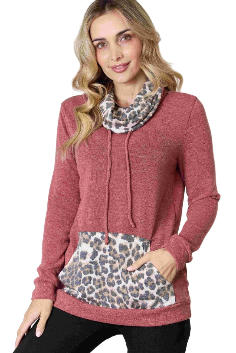Women's Shirts BiBi Leopard Drawstring Long Sleeve Top
