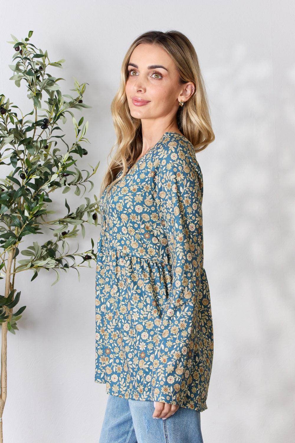 Heimish Full Size Floral Half Button Long Sleeve Blouse - VacationGrabs