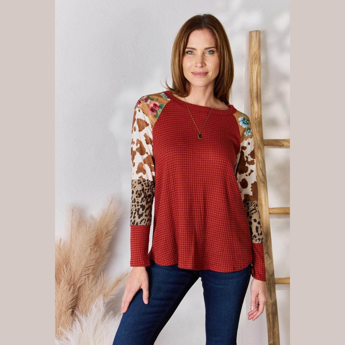 Hailey & Co Full Size Leopard Waffle-Knit Blouse - VacationGrabs
