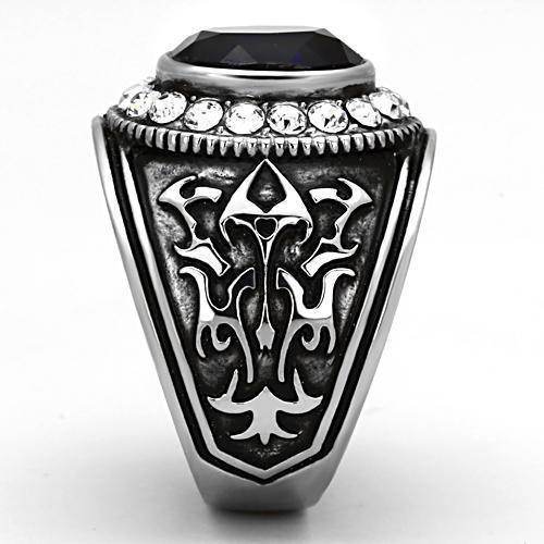 Men's dark blue synthetic glass ring with intricate designs and sparkling embellishments