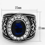 Men's ring featuring a dark blue synthetic glass ring set in an ornate silver design with clear stone accents