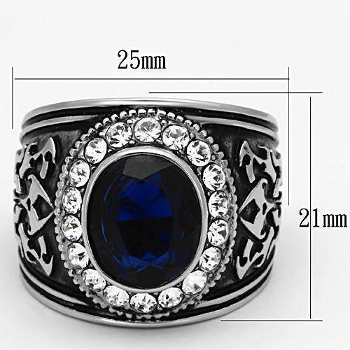 Men's ring featuring a dark blue synthetic glass ring set in an ornate silver design with clear stone accents