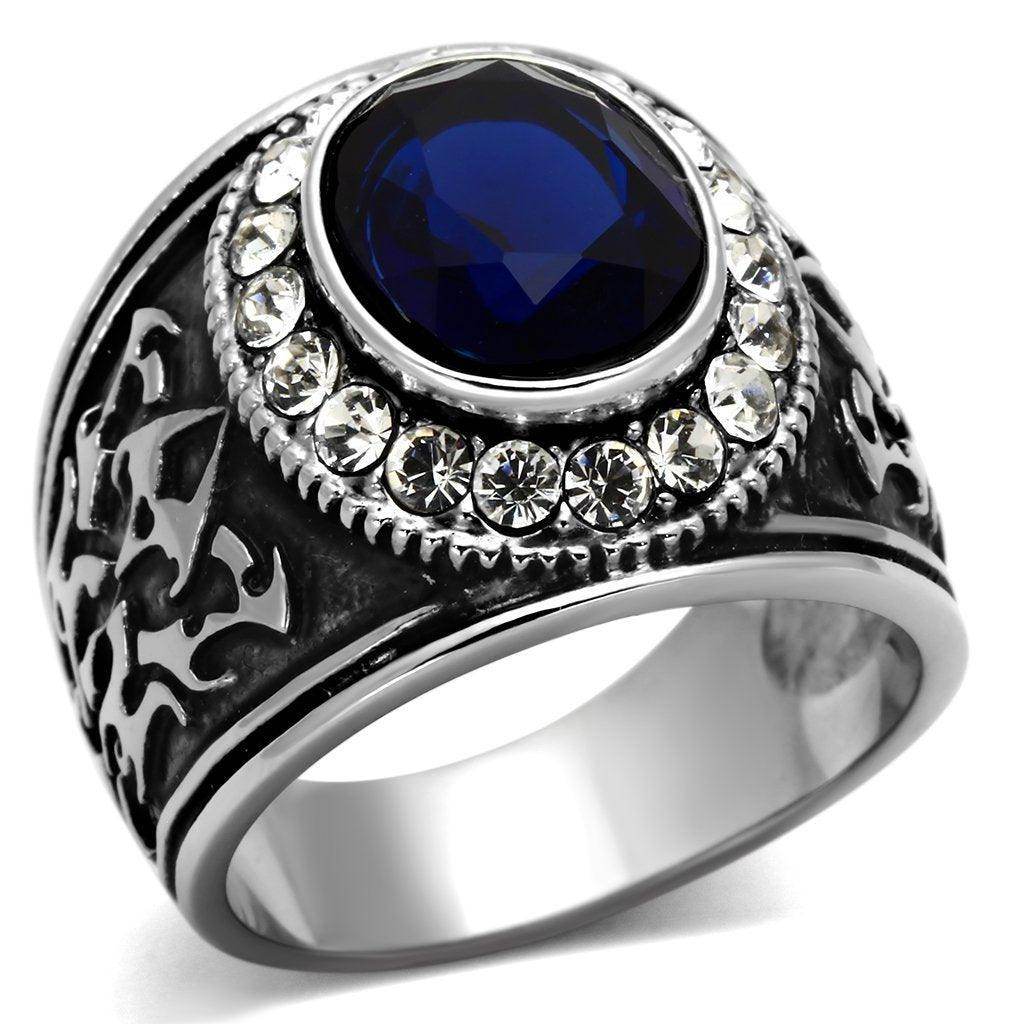 Stylish men's ring featuring a dark blue synthetic glass ring surrounded by clear gems