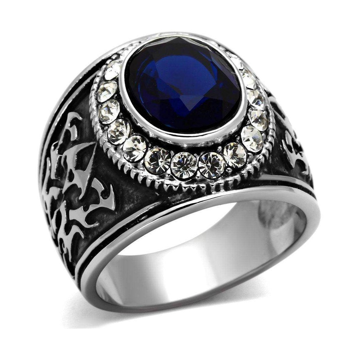 Stylish men's ring featuring a dark blue synthetic glass ring surrounded by clear gems