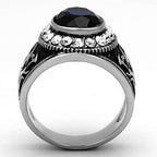 Men's ring featuring a dark blue synthetic glass ring surrounded by sparkling crystals