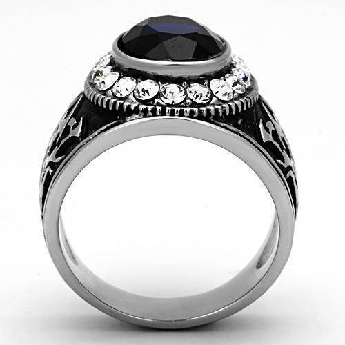 Men's ring featuring a dark blue synthetic glass ring surrounded by sparkling crystals