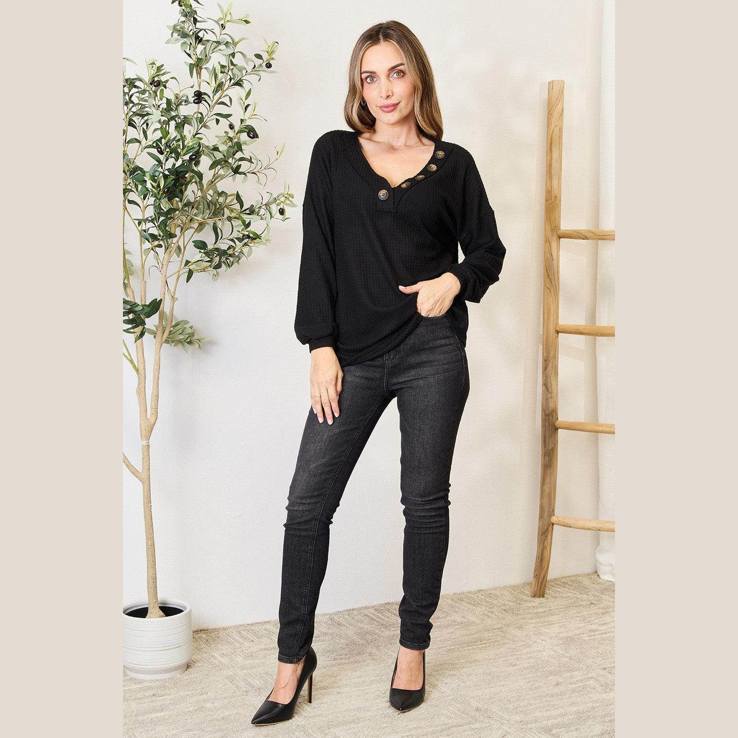 Zenana Buttoned Long Sleeve Blouse - VacationGrabs