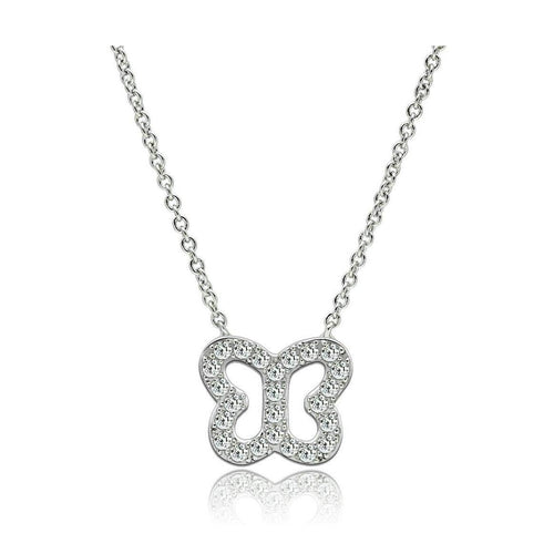 Delicate vacation jewelry for women featuring a silver butterfly pendant necklace with sparkling accents