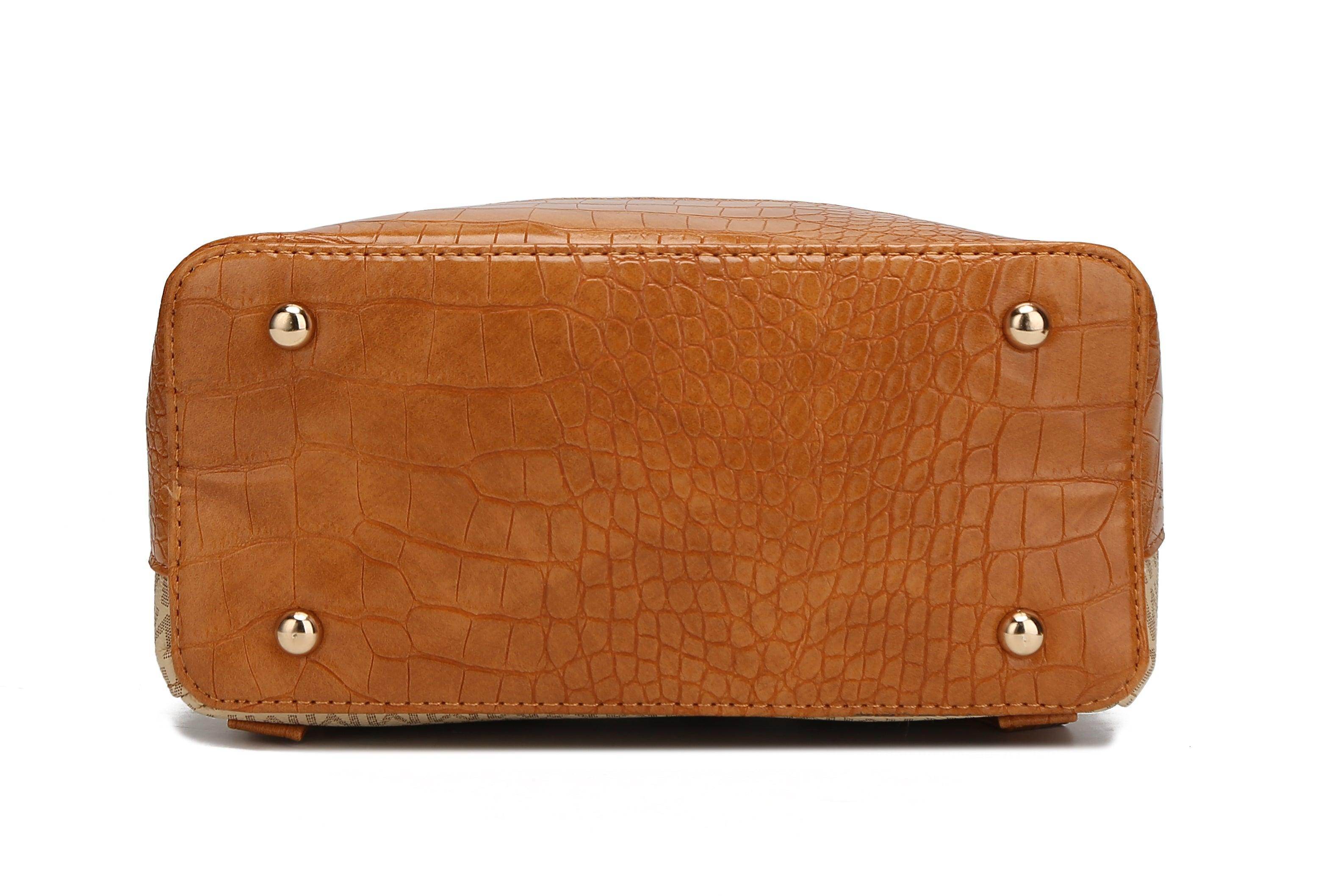 Denice signature backpack in tan crocodile leather with protective feet for durability