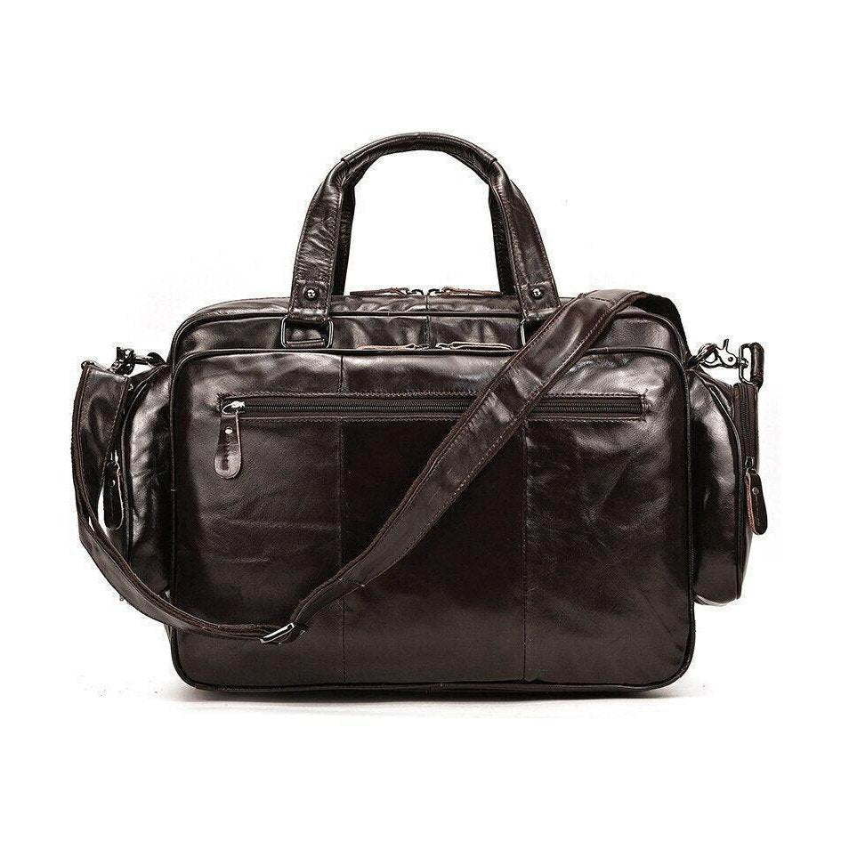 Brown designer leather laptop briefcase with adjustable shoulder strap and multiple pockets