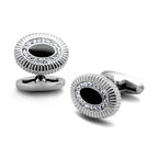 Silver designer men's cufflinks with black center for formal occasions