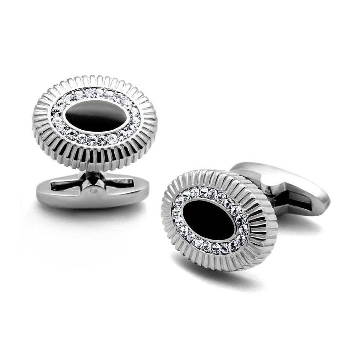 Silver designer men's cufflinks with black center for formal occasions