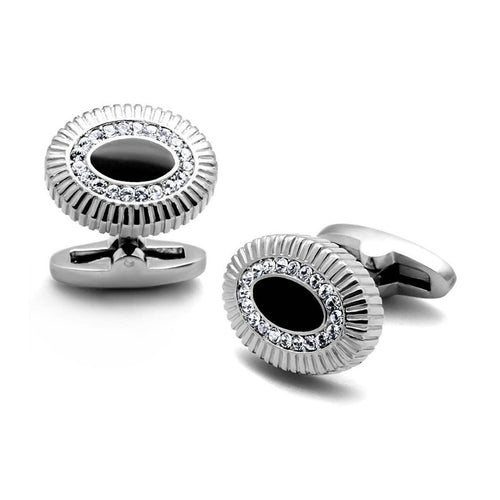 Silver designer men's cufflinks with black center for formal occasions