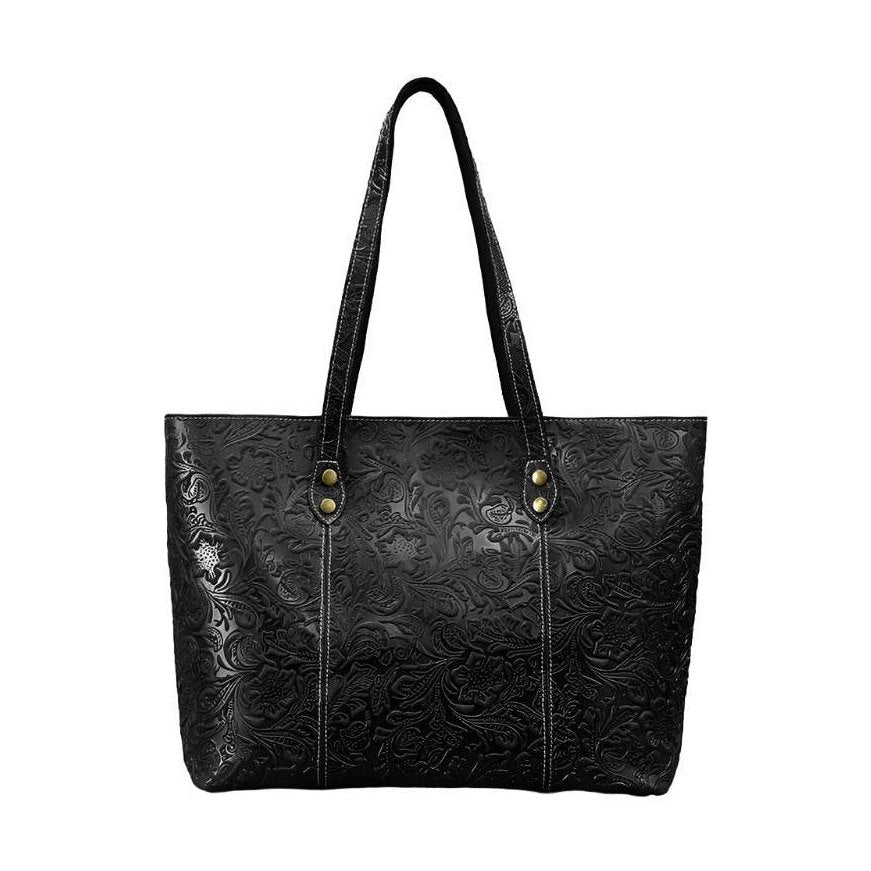 Elegant black designer shoulder bag for laptops with intricate embossed pattern and sturdy handles