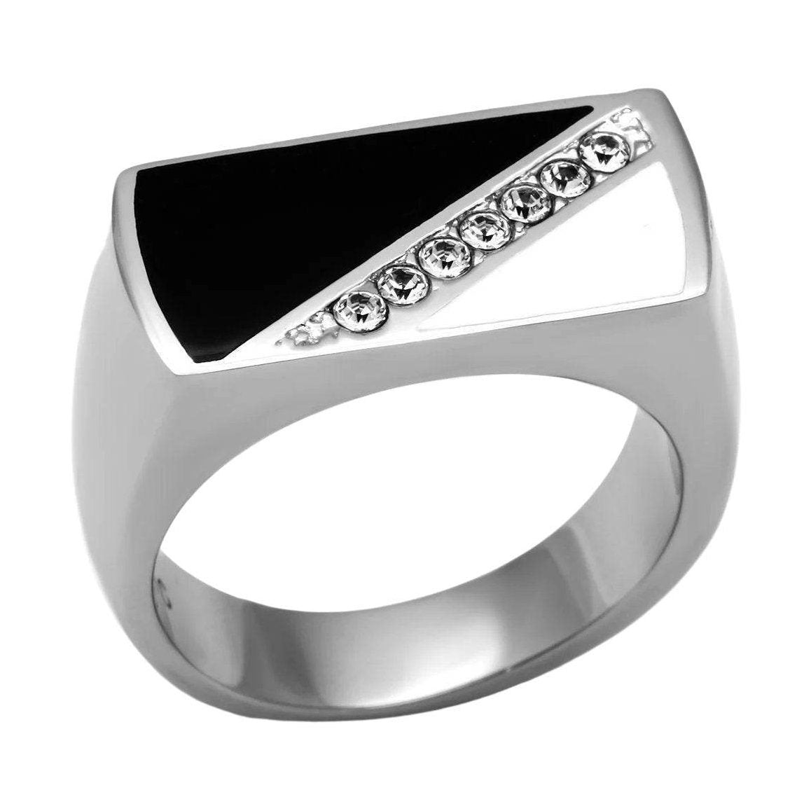 Diagonal crystal ring for men with a sleek black and silver design featuring sparkling stones
