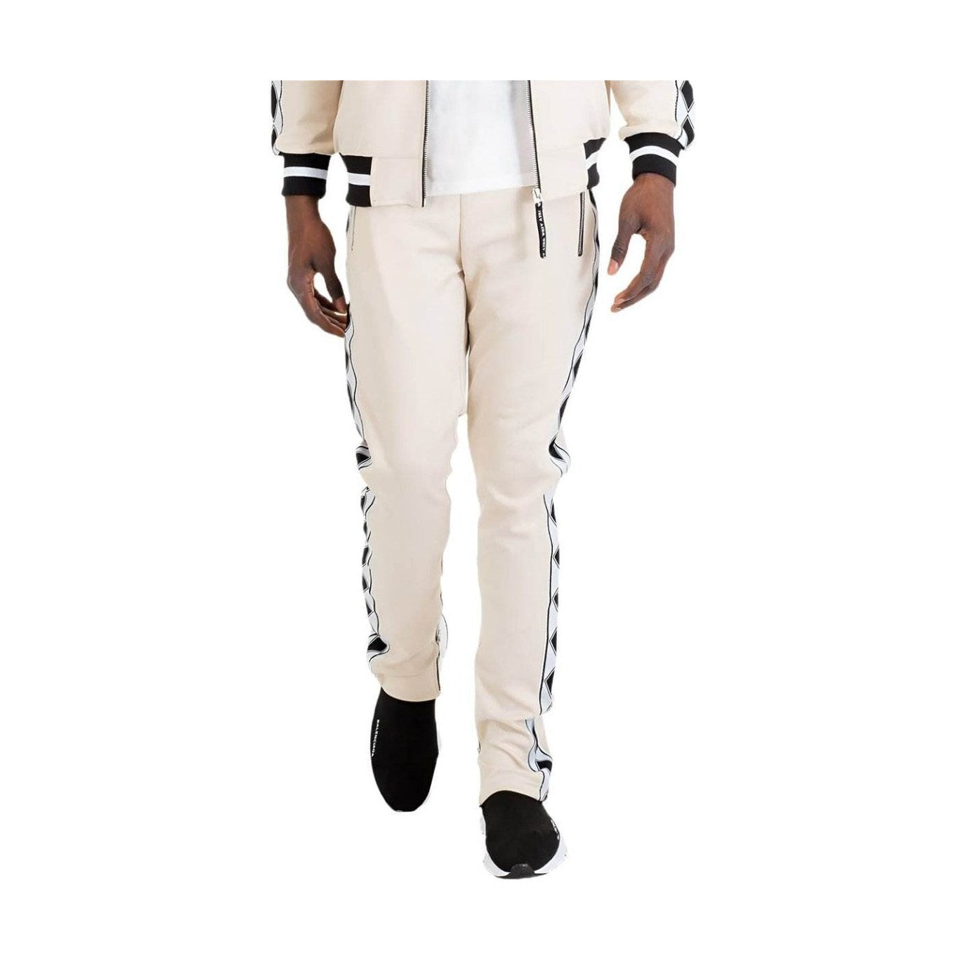 WEIV Mens diamond tape joggers in beige with stylish side stripe design and slim fit
