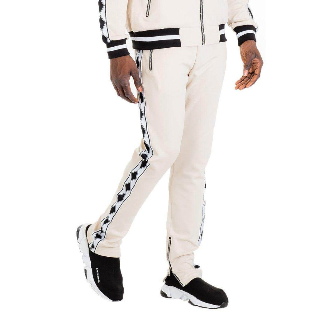 Men's WEIV diamond tape joggers in cream color with stylish side stripes