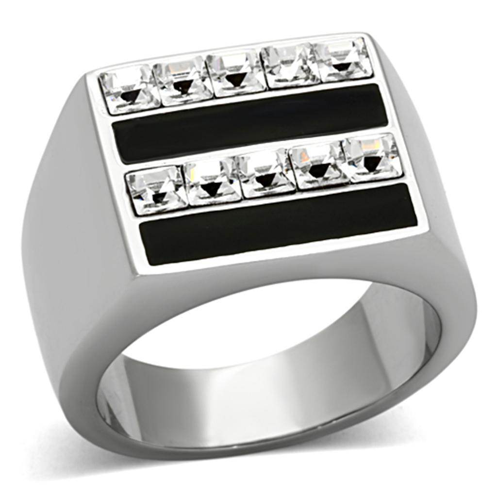 Stylish double row mens ring with black accents and sparkling cubic zirconia stones
