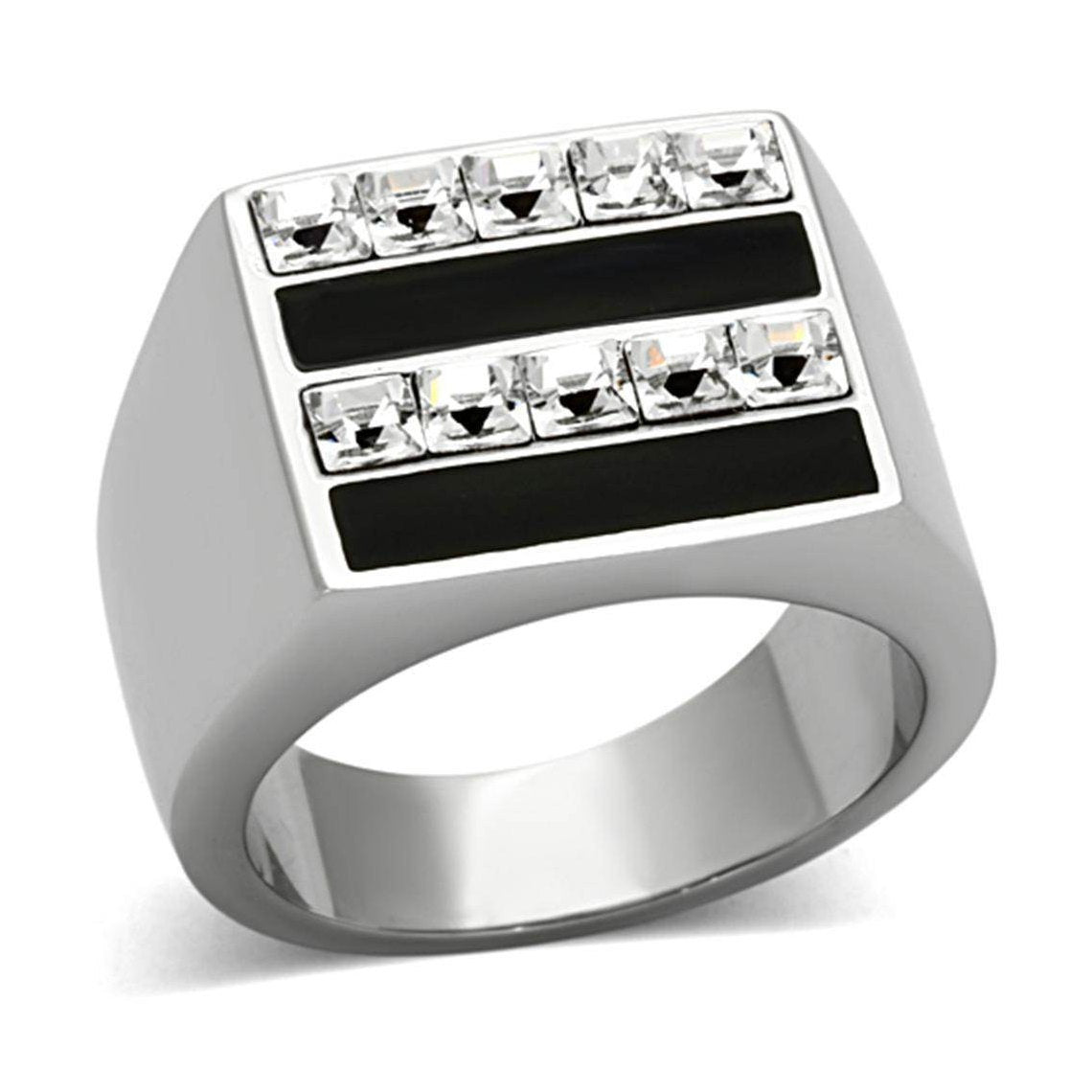 Stylish double row mens ring with black accents and sparkling cubic zirconia stones