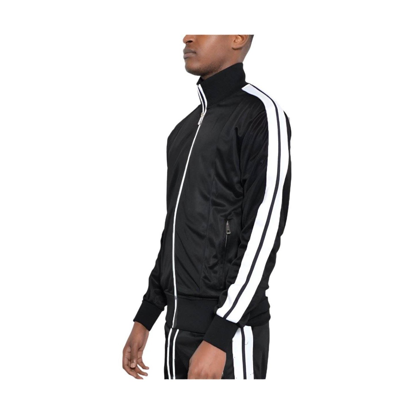 WEIV Mens double side stripe jacket in black with white stripes and zip closure for a stylish look