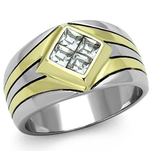 Men's double stripe stainless steel jewelry ring with a square diamond-style design