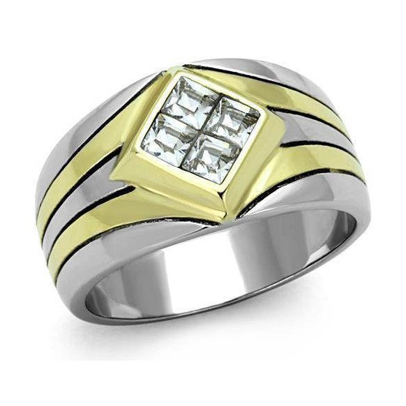 Men's double stripe stainless steel jewelry ring with a square diamond-style design