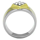 Men's double stripe stainless steel jewelry ring featuring a gold accent and clear cubic zirconia gems