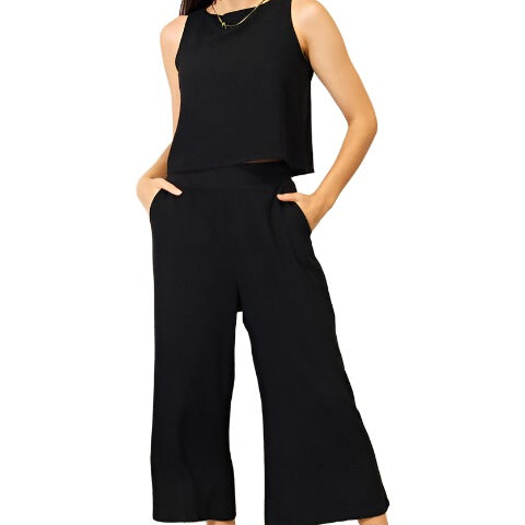Women's Outfits & Sets Double Take Buttoned Round Neck Tank and Wide Leg Pants Set