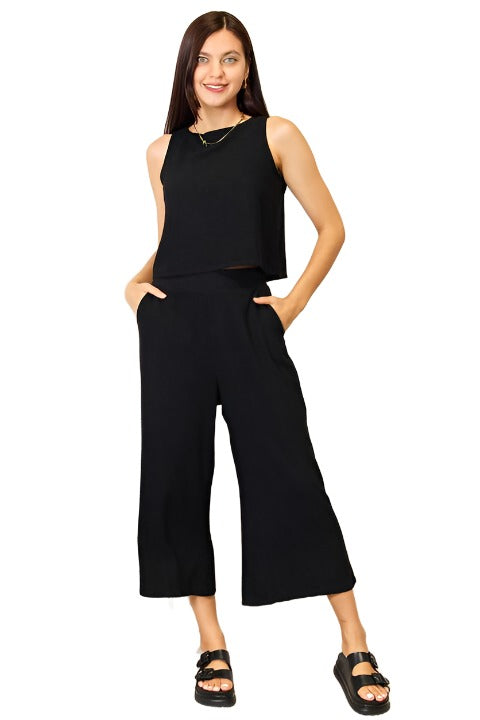 Women's Outfits & Sets Double Take Buttoned Round Neck Tank and Wide Leg Pants Set