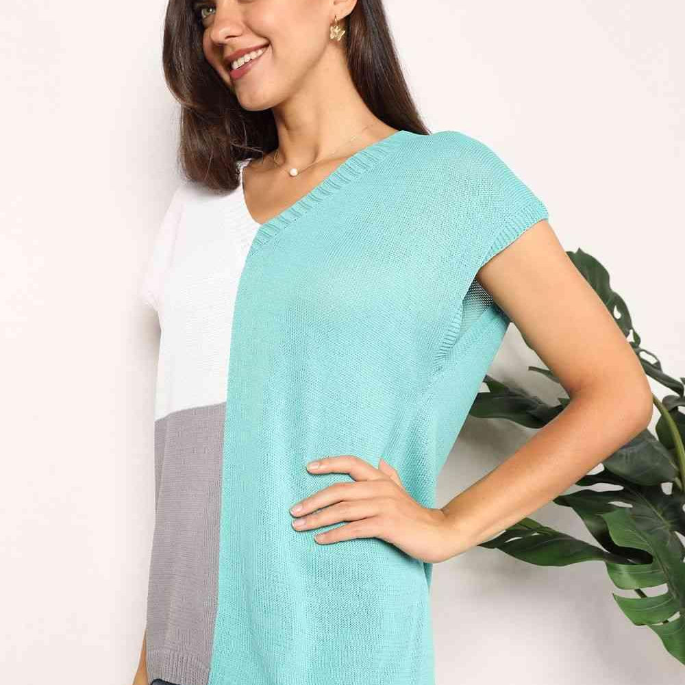 Women's Shirts Double Take Color Block V-Neck Knit Top