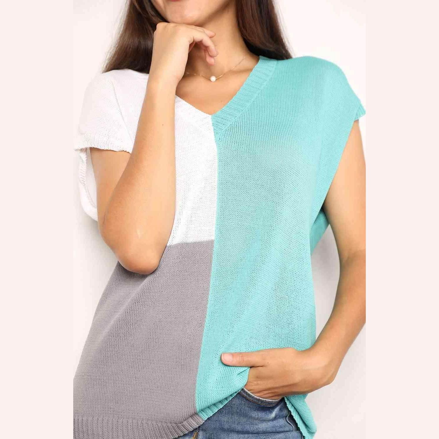 Double Take Color Block V-Neck Knit Top - VacationGrabs